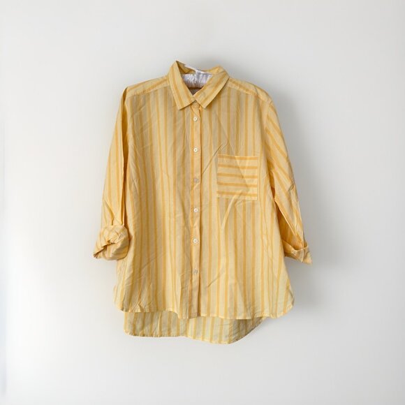LOFT Shirt Womens Yellow Stripe Long Sleeve Button Size Large Mediumweight - Picture 1 of 8